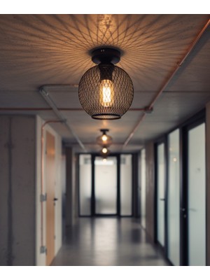 Allians Siyah Metal Retro Stil Hasır Telli Küresel Tekli Tavan Aydınlatması