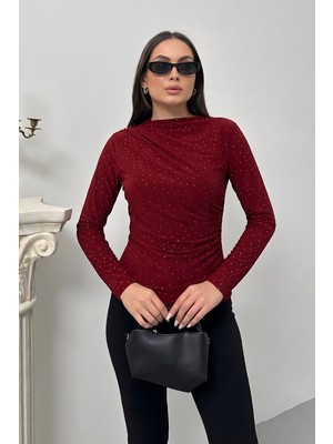 Spirituel Kadın Bluz Taşlı Drapeli Uzun Kollu Sandy Kumaş Kısa Şık Bluz