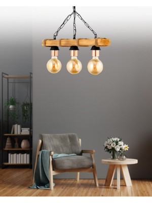 Allians El Yapımı Ahşap Üçlü Laleli Avize, Şık ve Doğal Aydınlatma