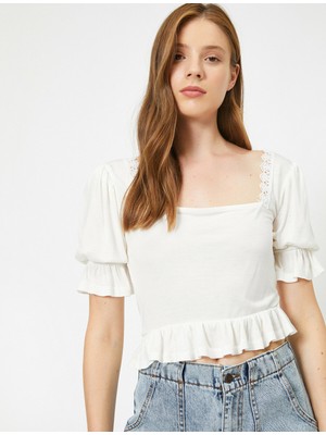 Koton Kısa Kollu Fırfırlı Dantelli Crop Tişört
