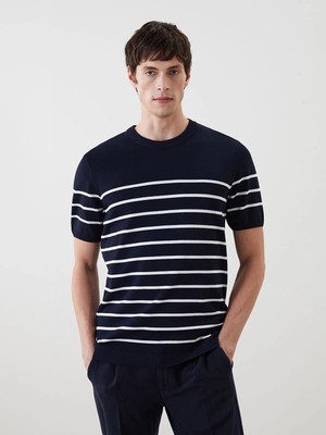 Lc Waikiki Yeni Sezon Bisiklet Yaka Kısa Kollu Çizgili Erkek Triko Kazak