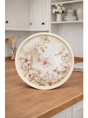Zucci Home English Vintage Büyük Çay Servis Tepsisi | Floral Vintage | Yuvarlak Büyük Sunum Tepsisi - 36X36 cm