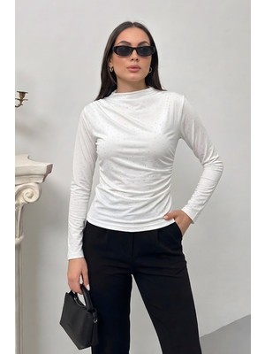 Spirituel Kadın Bluz Taşlı Drapeli Uzun Kollu Sandy Kumaş Kısa Şık Bluz