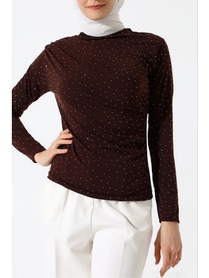 AKD Atelier Kadın Bluz Taşlı Drapeli Uzun Kollu Sandy Kumaş Kısa Şık Bluz