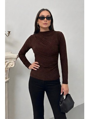 Spirituel Kadın Bluz Taşlı Drapeli Uzun Kollu Sandy Kumaş Kısa Şık Bluz