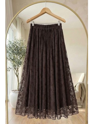 inStyle Çiçekli Flok Tül Astarlı Acı Kahve Etek