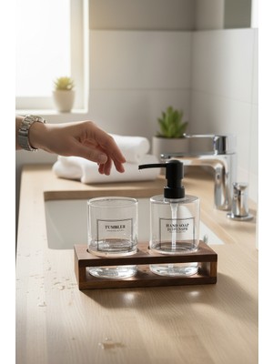 Akayev 2 Bölmeli Akasya Standlı Cam Sabunluk ve Diş Fırçalık Seti