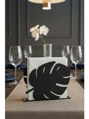 Grandmix Yaprak Desenli Peçetelik Siyah Dekoratif Masa Üstü Peçete Tutucu
