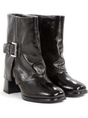 Rella Siyah Deri Kadın Bilek Bot Tokalı Kalın Topuklu Kaymaz Tabanlı Şık Günlük Bot