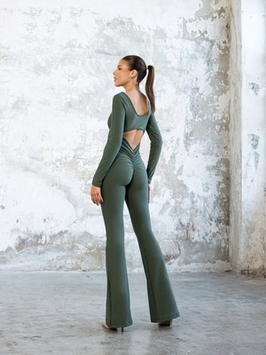 Lismina Haki Yeşil Uzun Kollu Arkası Büzgülü ( Scrunch Butt ) Spor Tayt Tulum