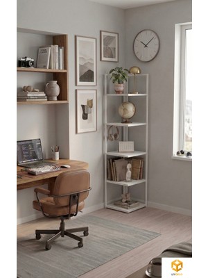 Ayz Ela 5 Raflı Metal Köşe Kitaplık Rafı Dekoratif Aksesuar Rafı Köşe Raf 180CM Atlantik Beyaz-Beyaz