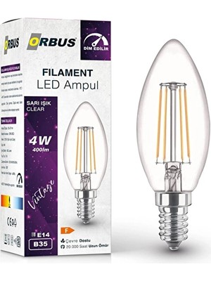3 Adet Orbus Dim Edilir LED Filament Ampul B35 4 Watt 400LM E14 Sarı Işık