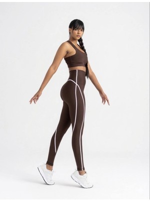 Lismina Beyaz Biye Detaylı Kahverengi Spor Tayt