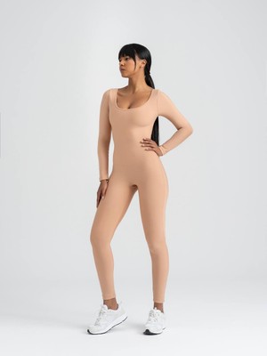 Lismina Ten Rengi Uzun Kollu Arkası Büzgülü ( Scrunch Butt ) Spor Tayt Tulum