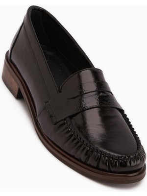 Limoya Fosia Hakiki Deri Siyah Rugan Penny Loafer Kadın Ayakkabı