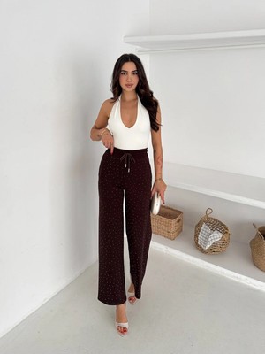 Win Moda Taş Detaylı Beli Lastikli Rahat Kesim Pantolon / Pearl Detailed Elastic Waist Relaxed Pants