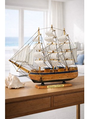 Biton Toptan Kişiye Isme Özel Büyük Boy 40X40 cm El Yapımı Ahşap Yelkenli Gemi Maketi – Premium Hediye 532-B