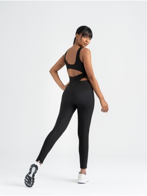 Lismina Siyah Kalın Askılı Bel Dekolteli Spor Tayt Tulum