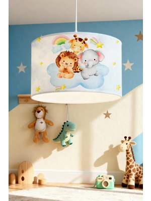 Allians Çocuk Odası Avizesi, Bulutlu Aslan, Zürafa ve Fil Desenli, Eğlenceli Tasarım
