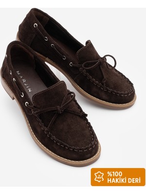 Marjin Kadın Hakiki Deri Dikiş Detaylı Fiyonklu Vardola Loafer Günlük Ayakkabı Savron Kahve Süet