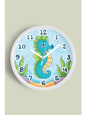 JHAAR Sevimli Denizatı Çocuk Odası Duvar Saati - 25CM - Önü Camlı Beyaz Kasa