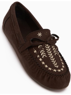 Limoya Darya Kahve Süet Nakışlı Makosen Ayakkabı Kadın Loafer