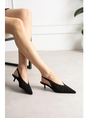 Shoetek Worse Kadın Topuklu Ayakkabı Arkadan Bantlı Lastikli Siyah Süet