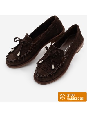 Marjin Kadın Hakiki Deri Püskül Detaylı Fiyonklu Büzgülü Makosen Vardola Loafer Günlük Ayakkabı Ronce Kahve Süet