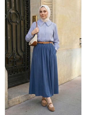 inStyle Büzgülü Kemerli Indigo Modal Etek