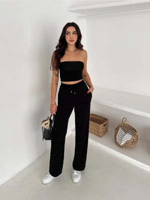 Win Moda Taş Detaylı Beli Lastikli Rahat Kesim Pantolon / Pearl Detailed Elastic Waist Relaxed Pants