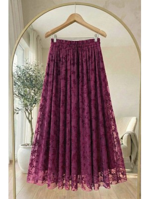 inStyle Çiçekli Flok Tül Astarlı Fuşya Etek