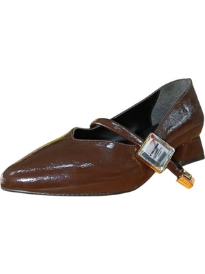 De Scario De Scarıo 050 Kadın Baletli Taş Toka Detaylı Kısa Kalın Topuklu Ayakkabı Kahve