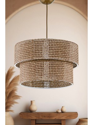 Allians Bej Doğal Hazeran Rattan 2 Katlı Sarkıt Avize