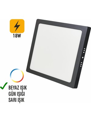 Allians Modern 18W LED Panel, Beyaz Işık, Siyah Çerçeve, Kare Format, Sıva Üstü