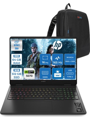 Hp Omen Slim Gaming Intel® Core Ultra 9 285H 64GB Ddr5 512GB SSD 16" Inch 8GB/RTX5070 2k (1920 x 1200),165 Hz, 3ms IPS 400NITS 100% Srgb Freedos Gaming Bilgisayar CD7K0EAF22+ZETTAÇANTA