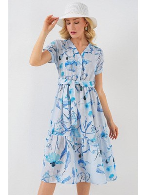 Mareandpanda Desenli Kısa Kol Elbise 2558 - Mavi