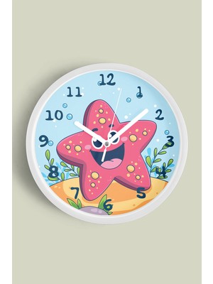 JHAAR Sevimli Deniz Yıldızı Çocuk Odası Duvar Saati - 25CM - Önü Camlı Beyaz Kasa
