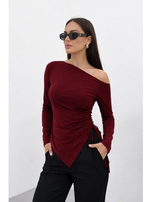 Spirituel Kadın Bluz Tek Omzu Açık Asimetrik Yandan Büzgülü Uzun Kollu Slim Fit Sandy Bluz