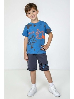 Riccotarz Erkek Çocuk Üzerinde El Digital Baskılı ve Ayıcık Desenli Mavi Şortlu Takım
