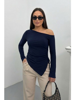 Spirituel Kadın Bluz Tek Omzu Açık Asimetrik Yandan Büzgülü Uzun Kollu Slim Fit Sandy Bluz