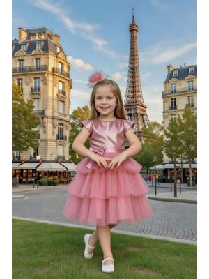 Riccotarz Kız Çocuk Göğsü Pulpayet Işlemeli Eteği Kat Kat Tüllü Içi Astarlı Gül Kurusu Abiye