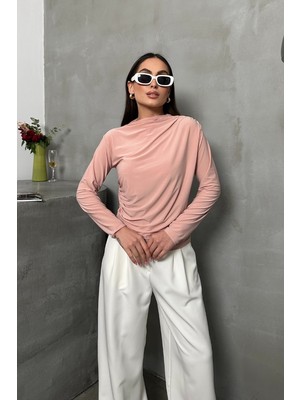 Spirituel Kadın Bluz Drapeli Uzun Kollu Sandy Kumaş Yüksek Yakalı Likralı Bluz