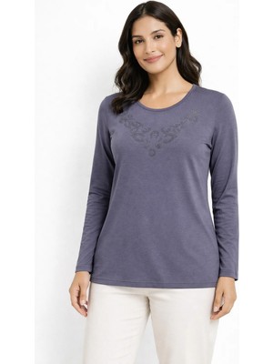 Mutlu City Yeni Desen Taş Işlemeli Yuvarlak Yaka Likralı Anne Penye Bluz 6670