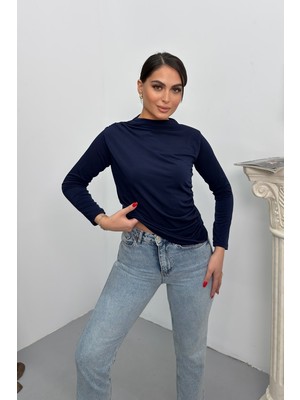 Spirituel Kadın Bluz Drapeli Uzun Kollu Sandy Kumaş Yüksek Yakalı Likralı Bluz