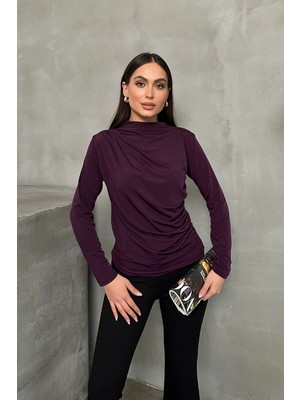 Spirituel Kadın Bluz Drapeli Uzun Kollu Sandy Kumaş Yüksek Yakalı Likralı Bluz