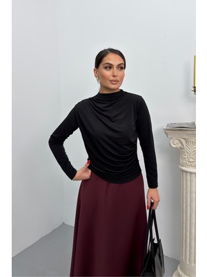 Spirituel Kadın Bluz Drapeli Uzun Kollu Sandy Kumaş Yüksek Yakalı Likralı Bluz