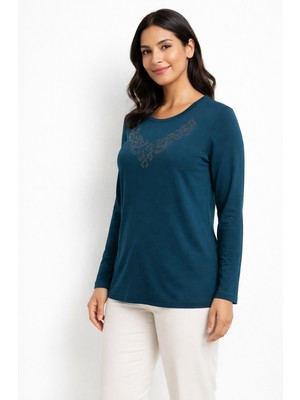 Mutlu City Yeni Desen Taş Işlemeli Yuvarlak Yaka Likralı Anne Penye Bluz 6670