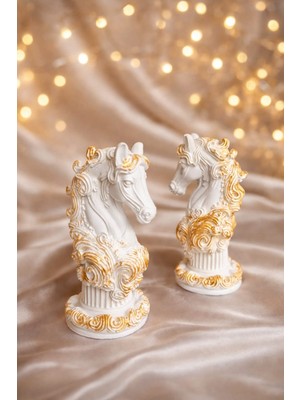 2’li Gold Detaylı At Figürü Biblo Seti – Dekoratif Taş Heykel, Salon & Masa Üstü Lüks Obje