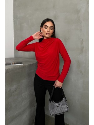 Spirituel Kadın Bluz Drapeli Uzun Kollu Sandy Kumaş Yüksek Yakalı Likralı Bluz