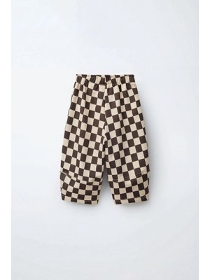 Magu Unisex Çocuk Pamuklu Kahverengi Dama Desenli Pantolon - Lastikli Bel Rahat Kesim